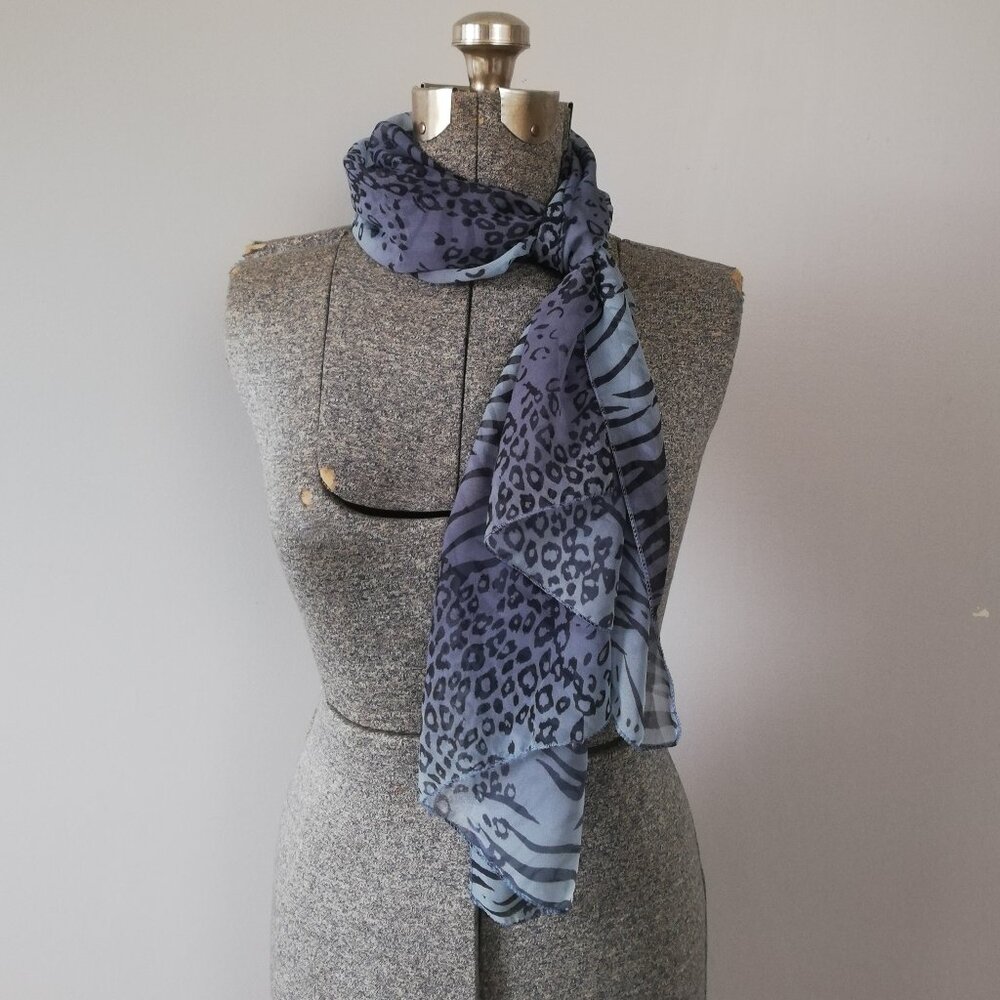 Denim Blue Animal Print Silk Blend Rectangle Scarf